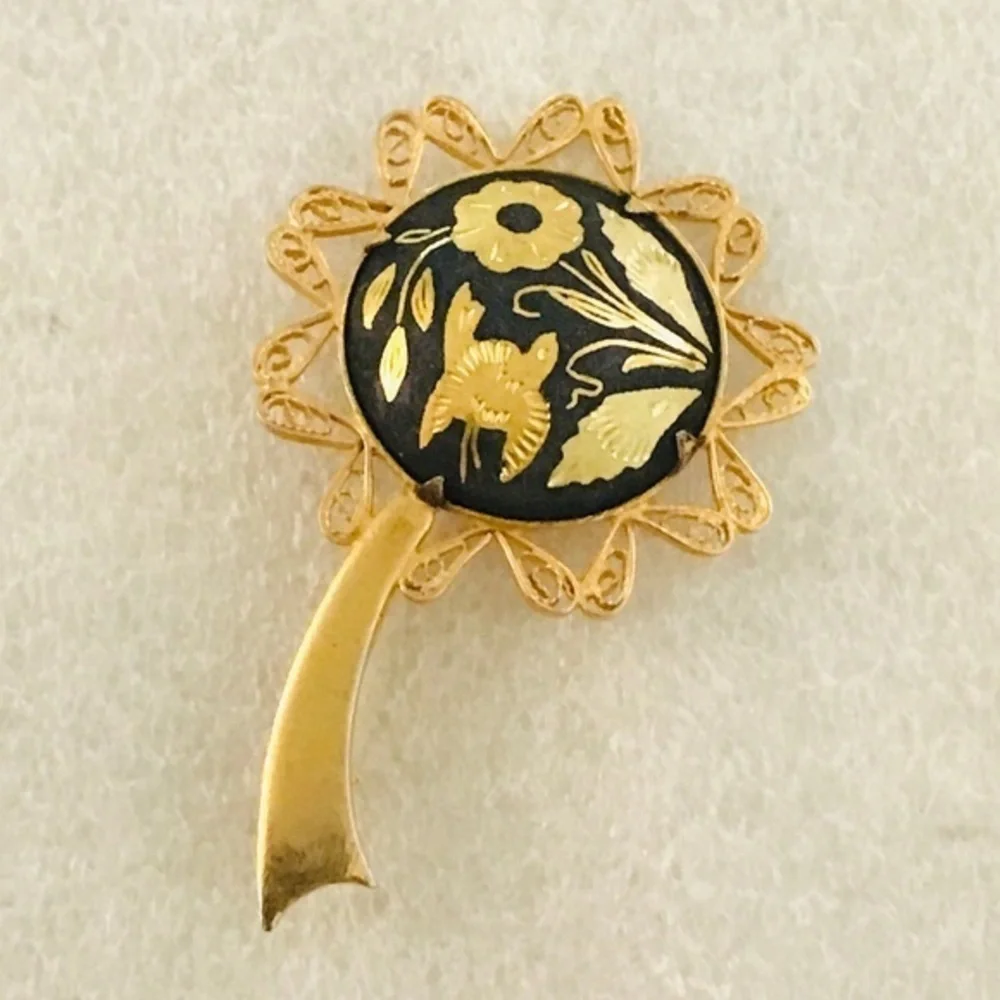 Vtg Damascene Brooch Gold Black Bird Flower Motifs